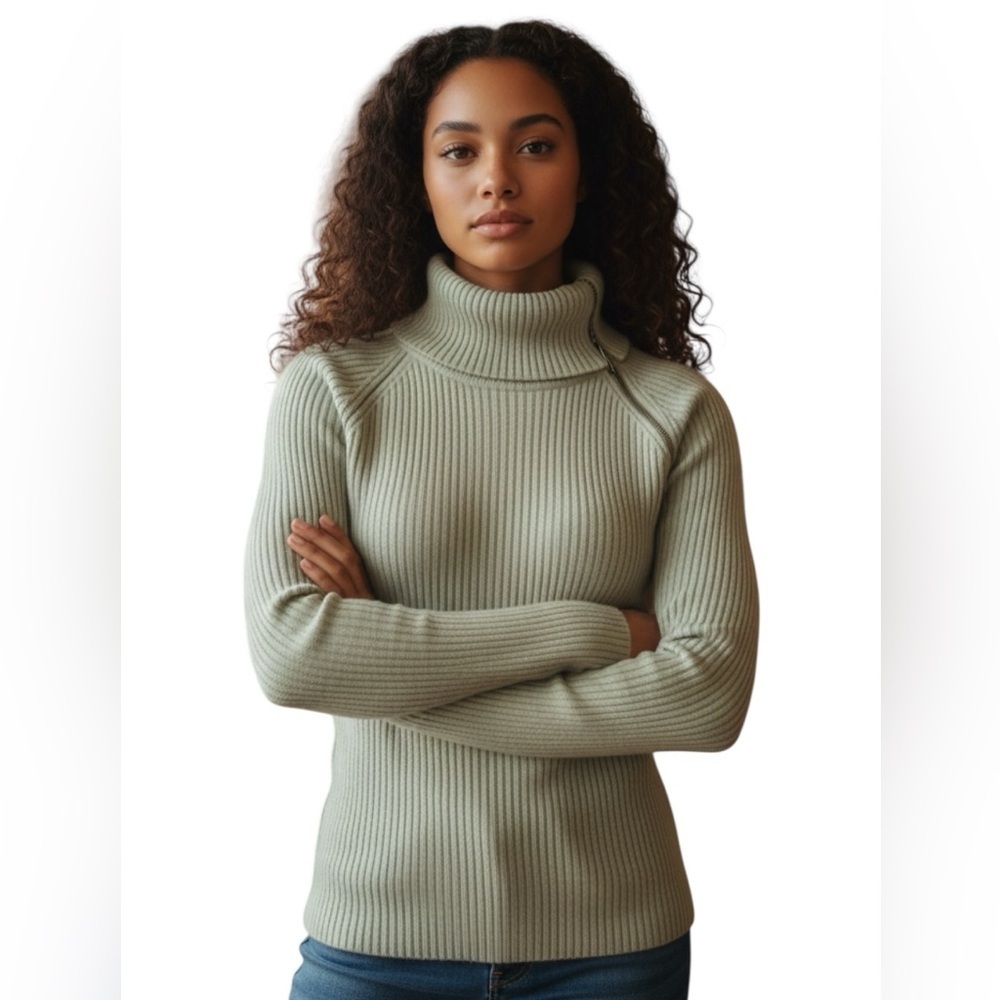 Ciera & Co Women's Ribbed Turtleneck Sweater, neck zip, green, size XL